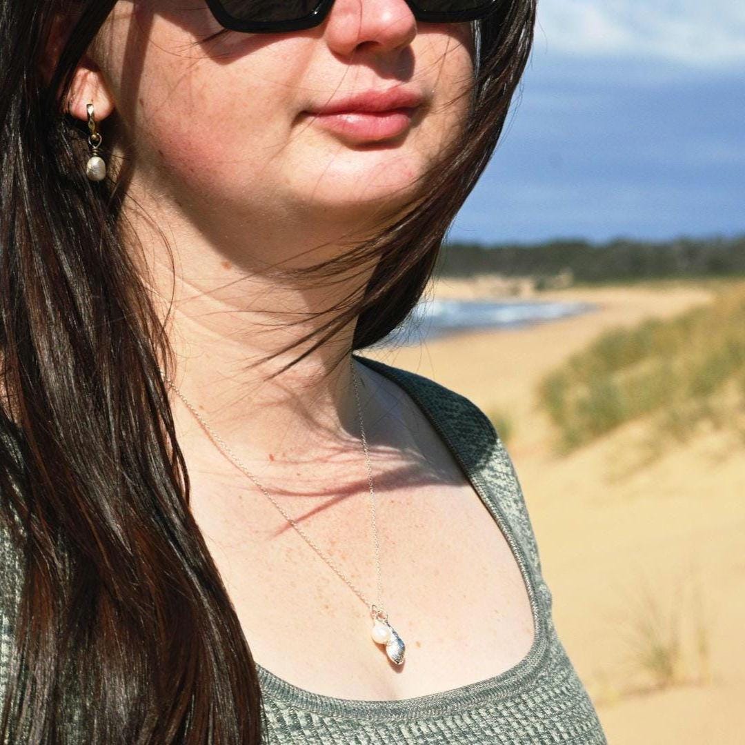 Freshwater Pearl with Seashell, Tarnish Resistant Silver-Plated Charm, Beach Wedding Jewellery