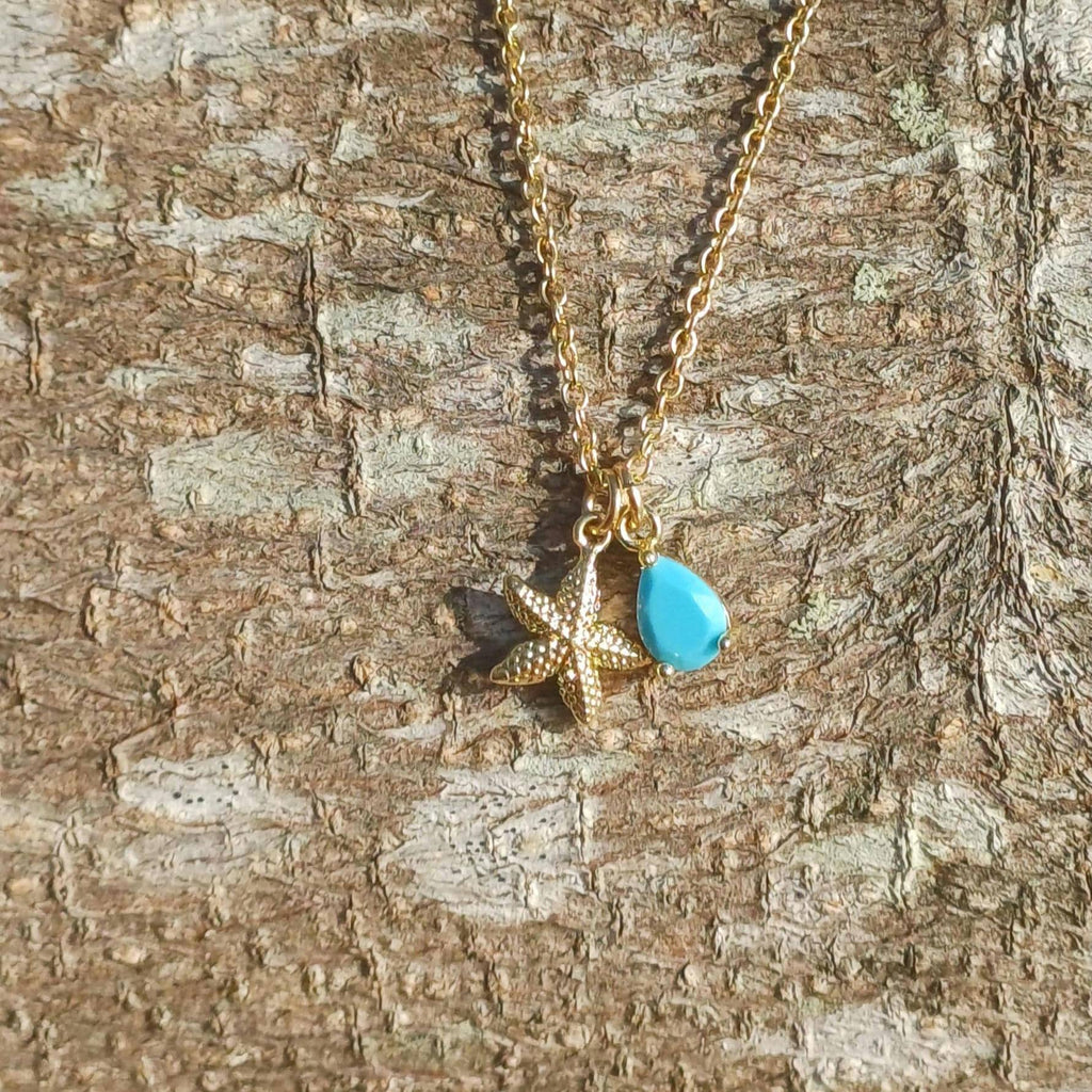 Beach Starfish Necklace with Turquoise Teardrop Charm, Gold Plated Tarnish Resistant, Ocean Inspired Gift