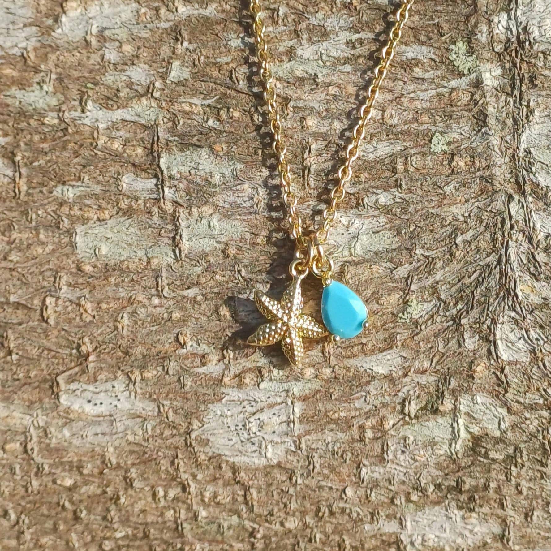 Beach Starfish Necklace with Turquoise Teardrop Charm, Gold Plated Tarnish Resistant, Ocean Inspired Gift