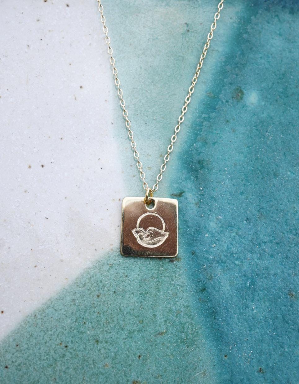 Sunset Square Pendant Necklace Hand Stamped, Gold Plated
