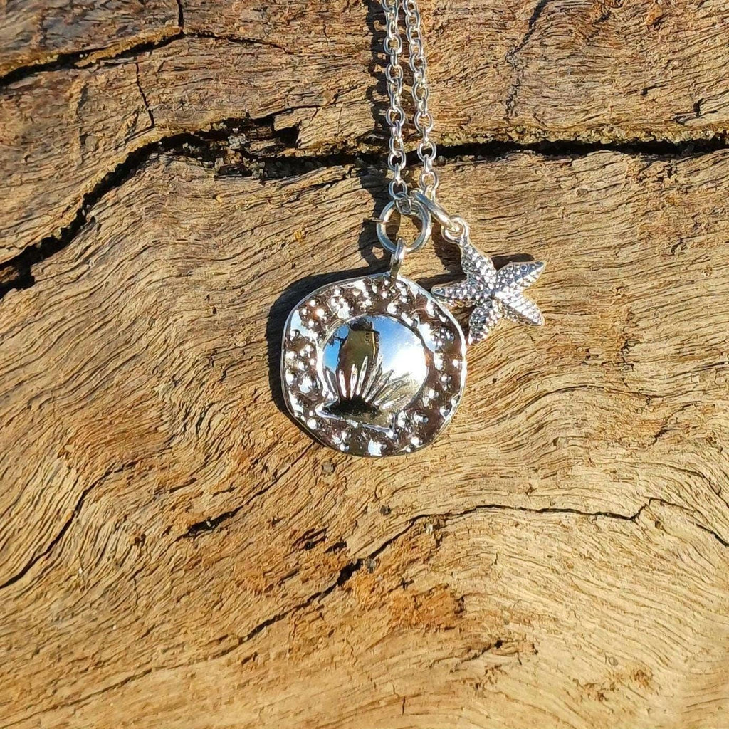Summer Seashell Necklace with Mini Starfish Charm, Silver-Plated Tarnish Resistant, Surfer Accessory