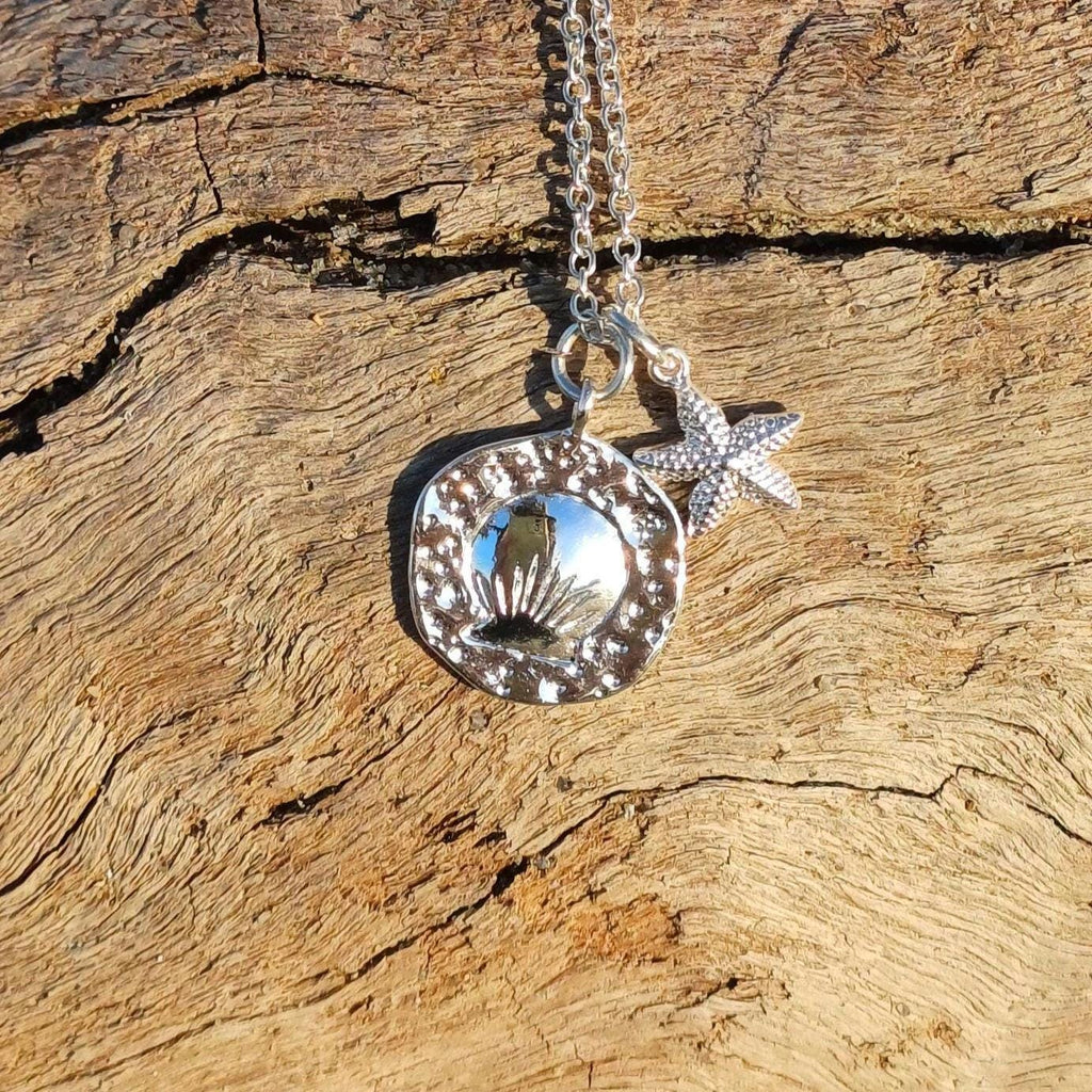 Summer Seashell Necklace with Mini Starfish Charm, Silver-Plated Tarnish Resistant, Surfer Accessory