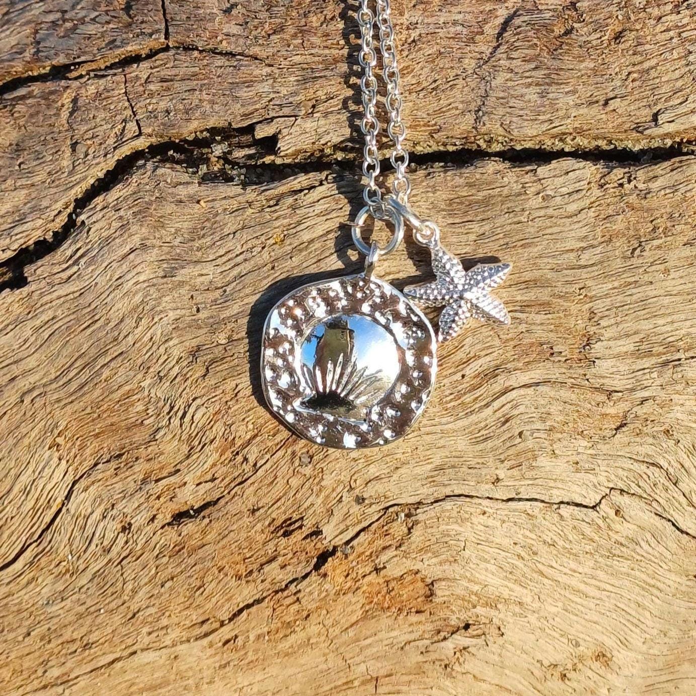 Summer Seashell Necklace with Mini Starfish Charm, Silver-Plated Tarnish Resistant, Surfer Accessory
