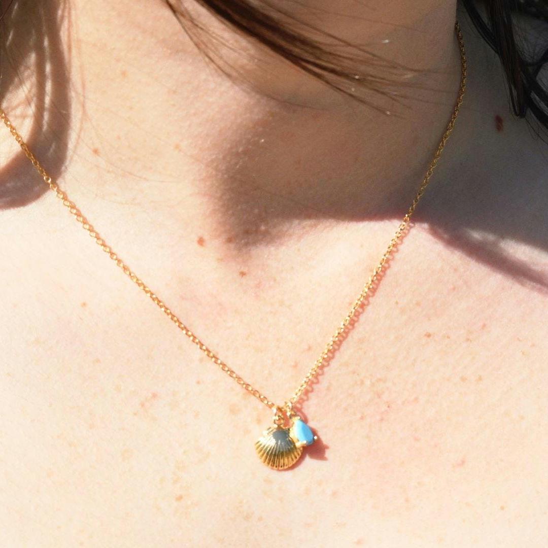 Turquoise & Shell Necklace , Gold-Plated Tarnish Resistant, Beach Jewellery