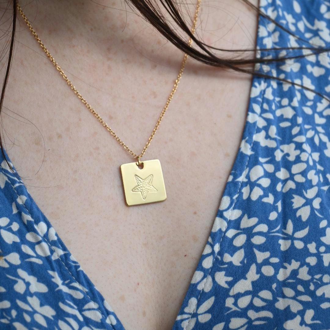 Starfish Square Pendant Necklace Hand Stamped, Gold Plated