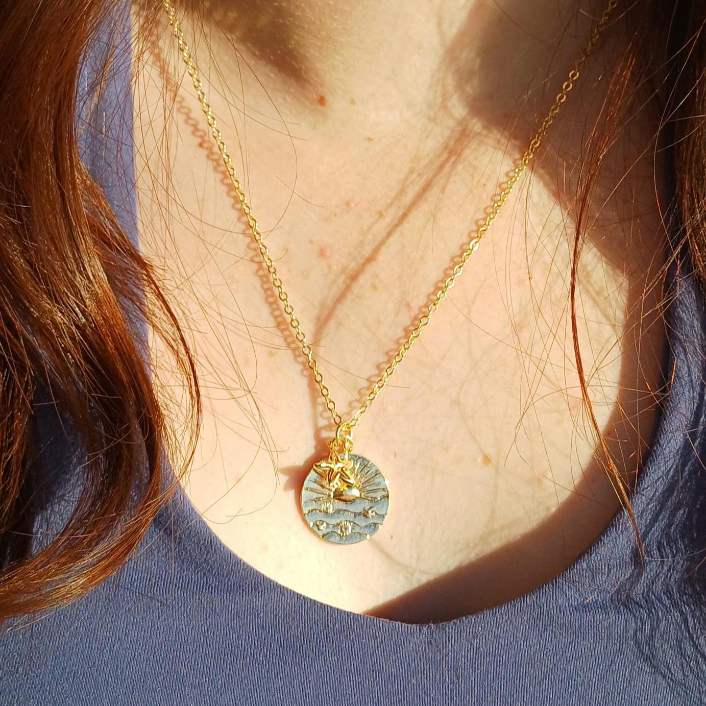 Sunrise Necklace with Mini Starfish, Gold-Plated Tarnish Resistant, Coastal Style