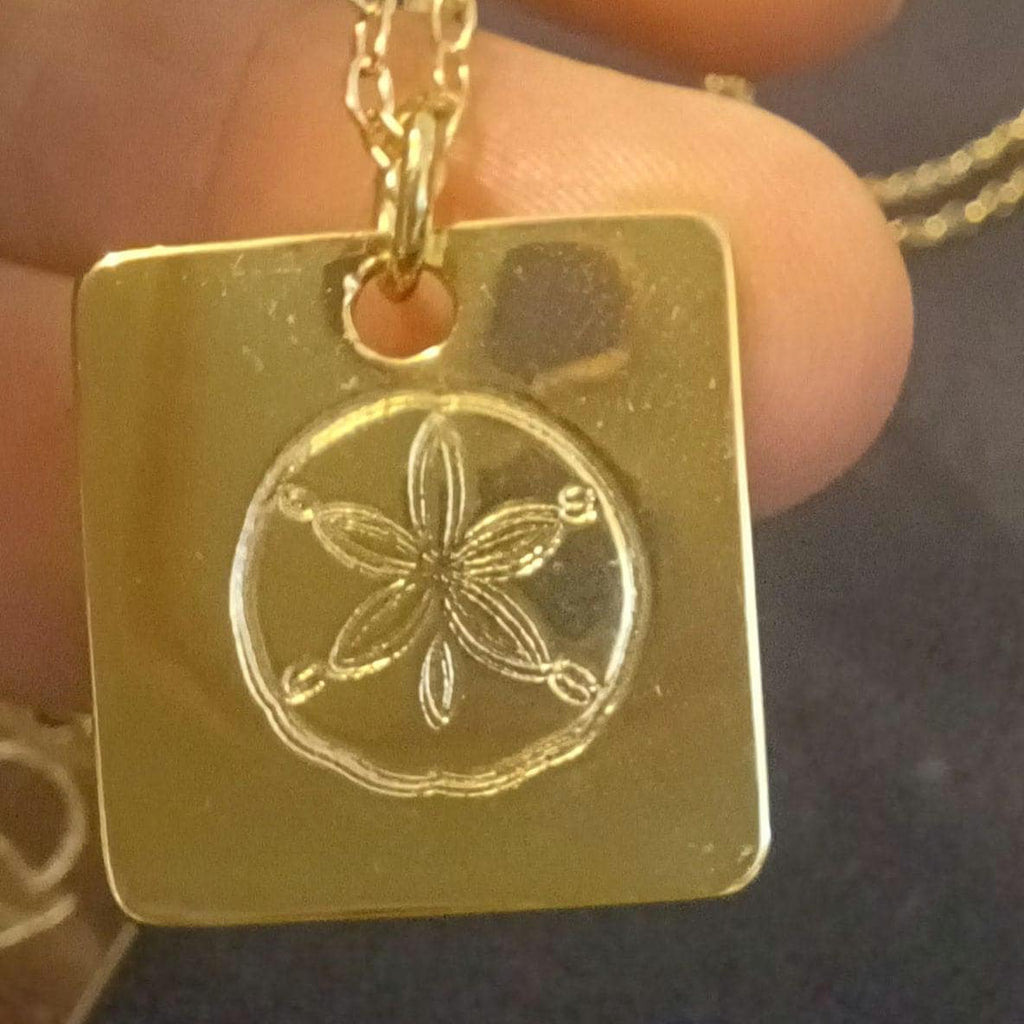 Sand Dollar Square Pendant Necklace Hand Stamped, Gold Plated