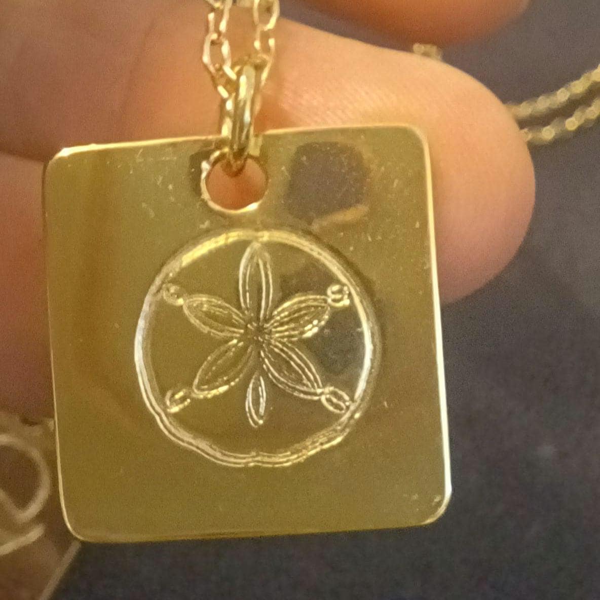 Sand Dollar Square Pendant Necklace Hand Stamped, Gold Plated