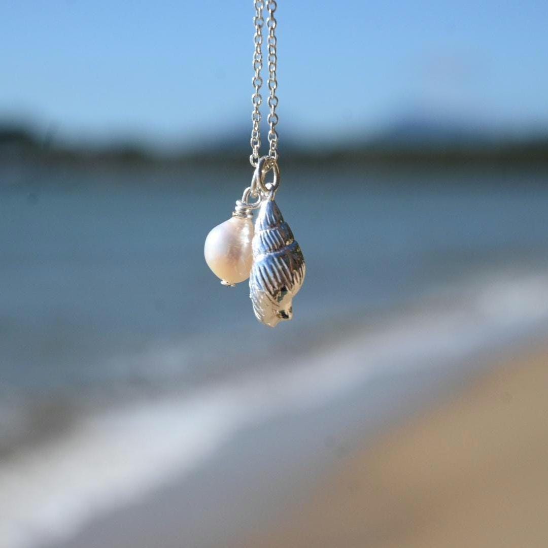 Freshwater Pearl with Seashell, Tarnish Resistant Silver-Plated Charm, Beach Wedding Jewellery