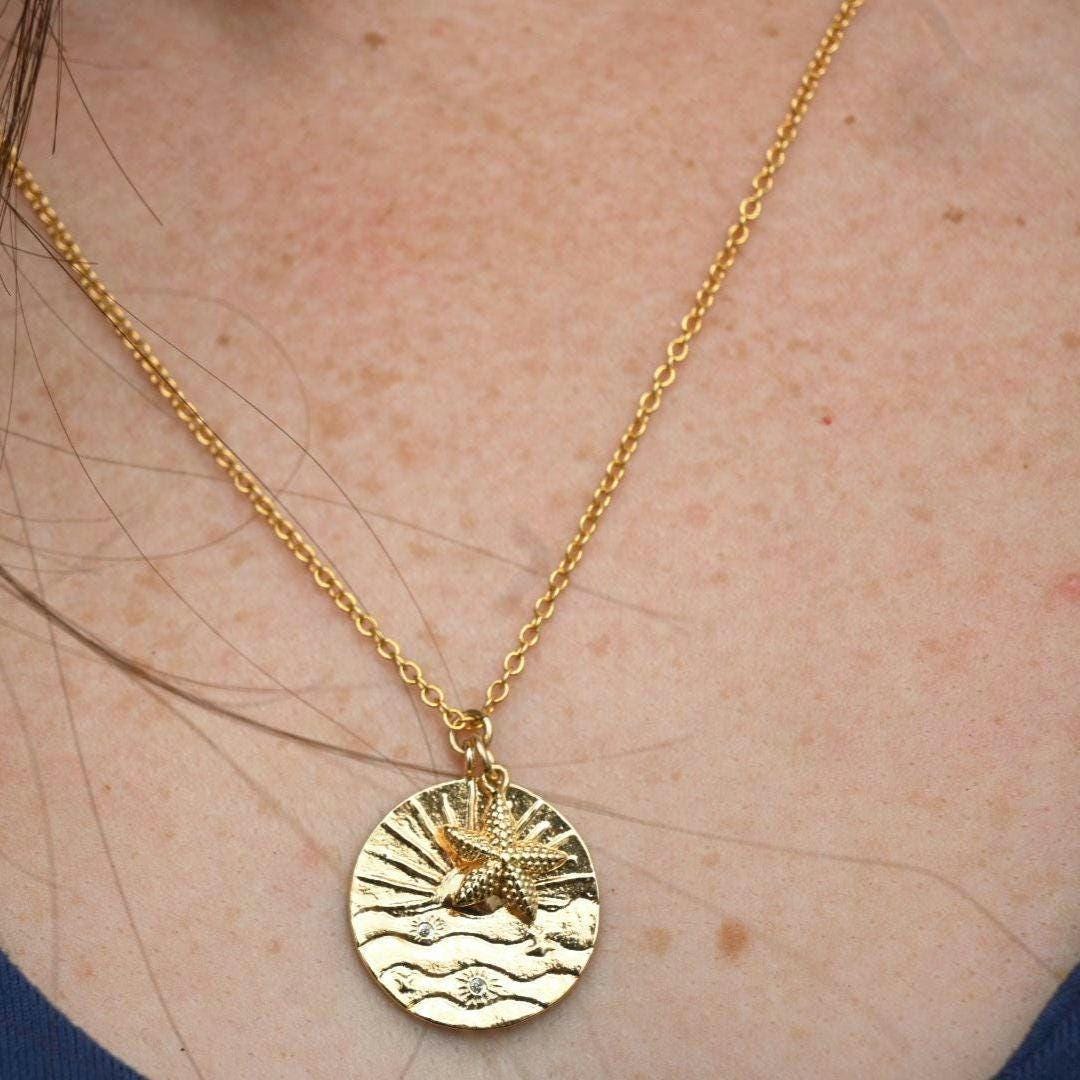 Sunrise Necklace with Mini Starfish, Gold-Plated Tarnish Resistant, Coastal Style