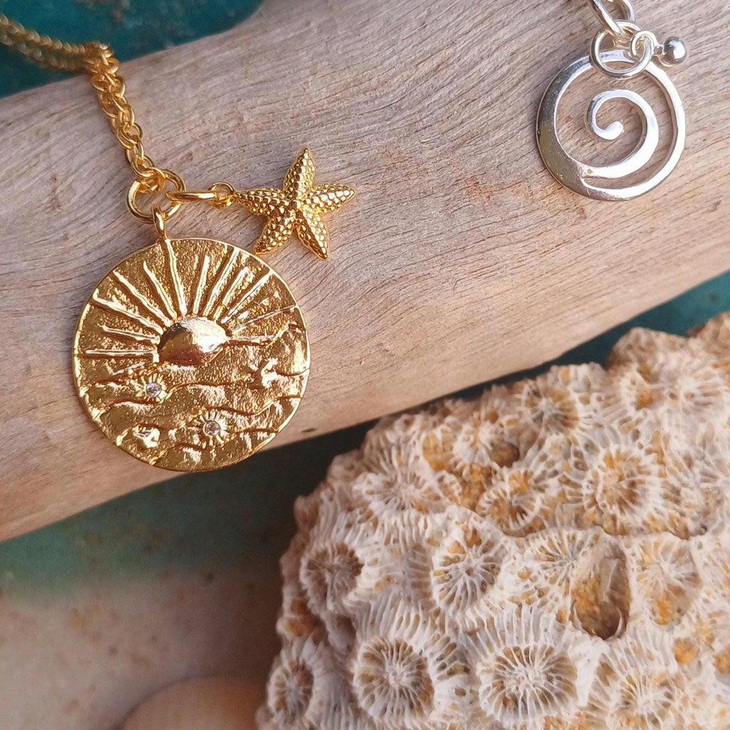 Sunrise Necklace with Mini Starfish, Gold-Plated Tarnish Resistant, Coastal Style