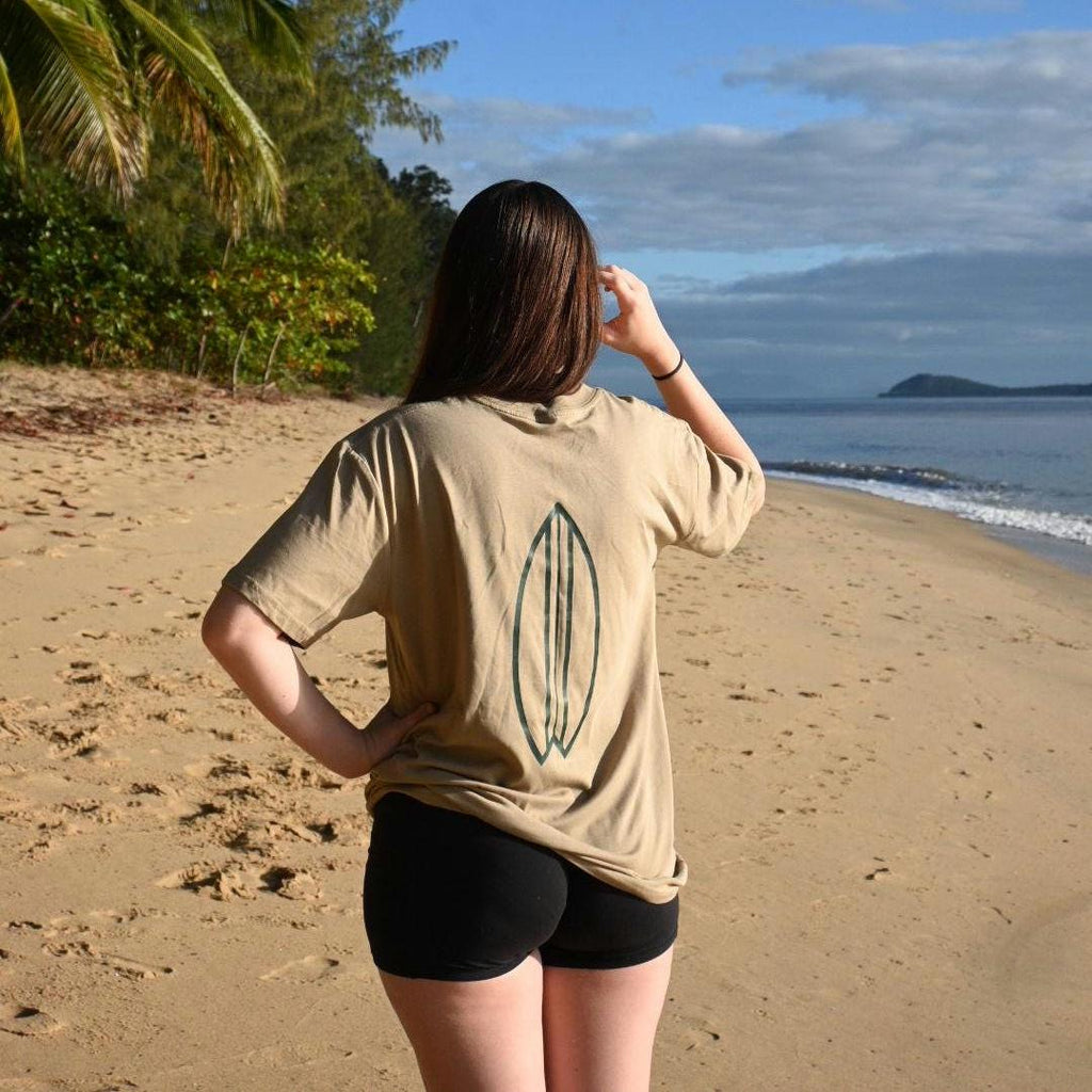 Vintage Surfboard T-Shirt, Tan AS Colour Staple Tee, Retro Coastal Brand