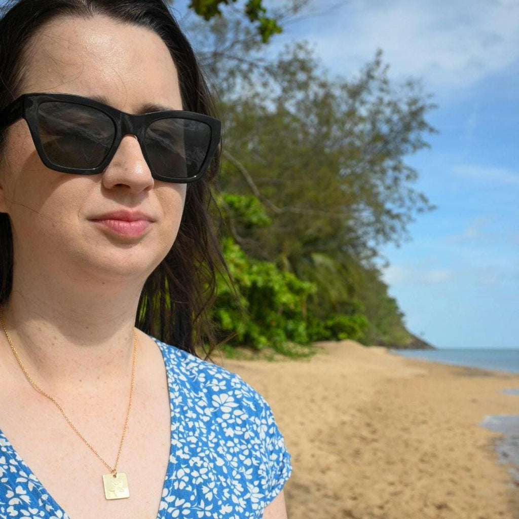 Starfish Square Pendant Necklace Hand Stamped, Gold Plated