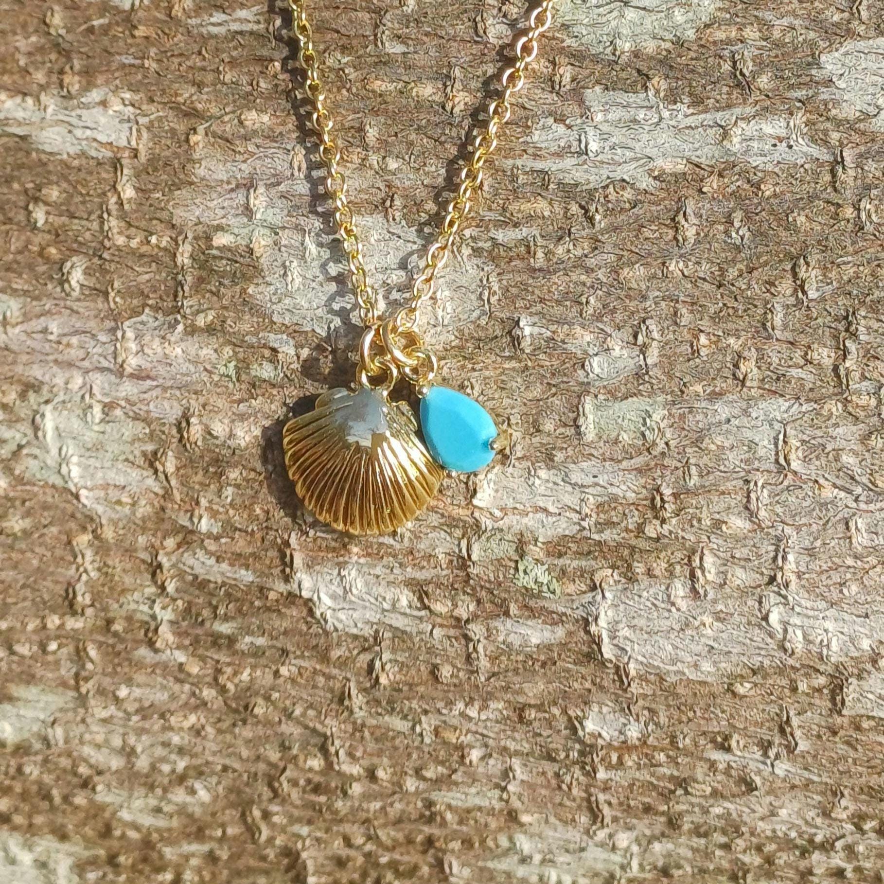 Turquoise & Shell Necklace , Gold-Plated Tarnish Resistant, Beach Jewellery