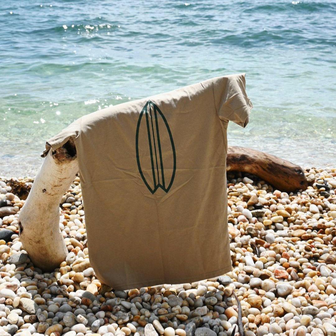 Vintage Surfboard T-Shirt, Tan AS Colour Staple Tee, Retro Coastal Brand