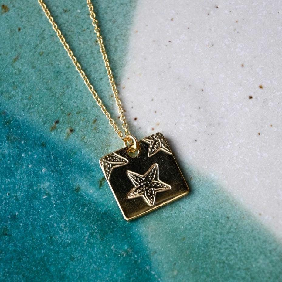 Starfish Square Pendant Necklace Hand Stamped, Gold Plated