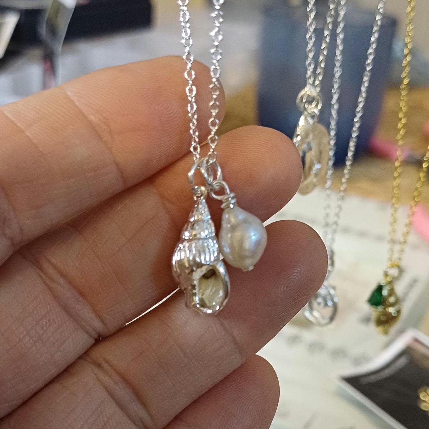 Freshwater Pearl with Seashell, Tarnish Resistant Silver-Plated Charm, Beach Wedding Jewellery