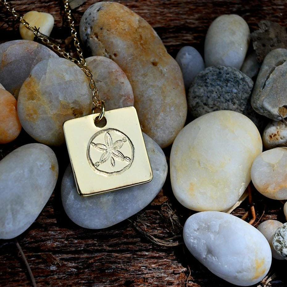 Sand Dollar Square Pendant Necklace Hand Stamped, Gold Plated