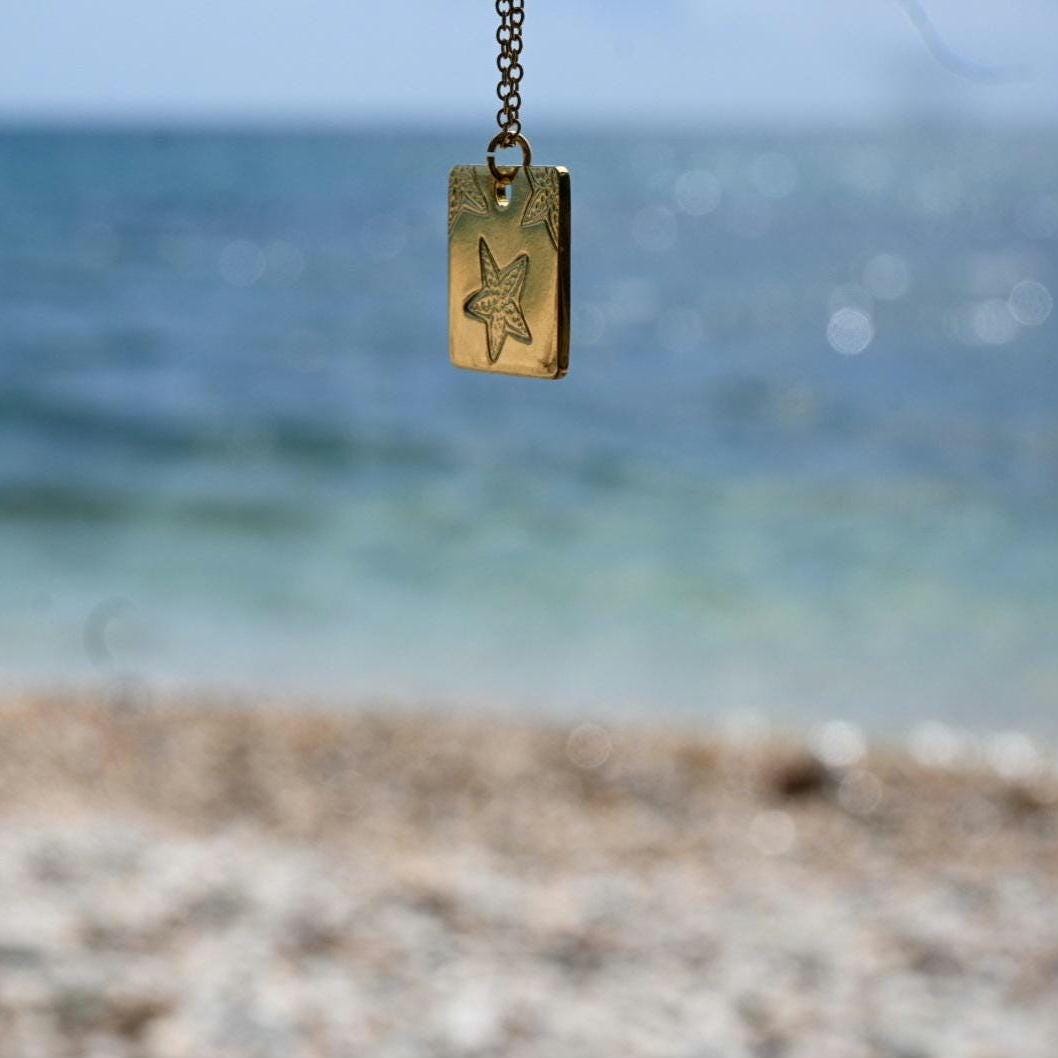 Starfish Square Pendant Necklace Hand Stamped, Gold Plated
