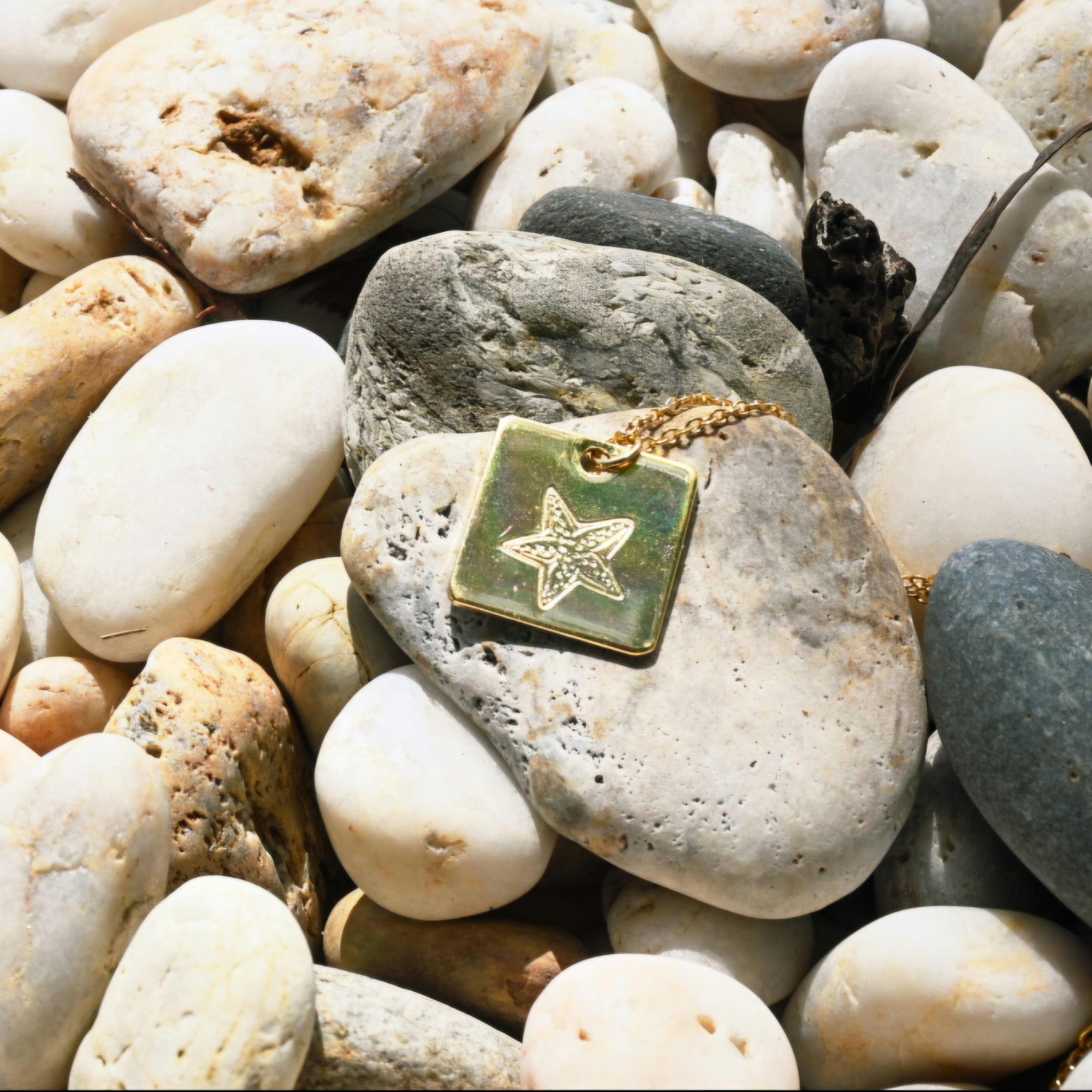 Starfish Square Pendant Necklace Hand Stamped, Gold Plated