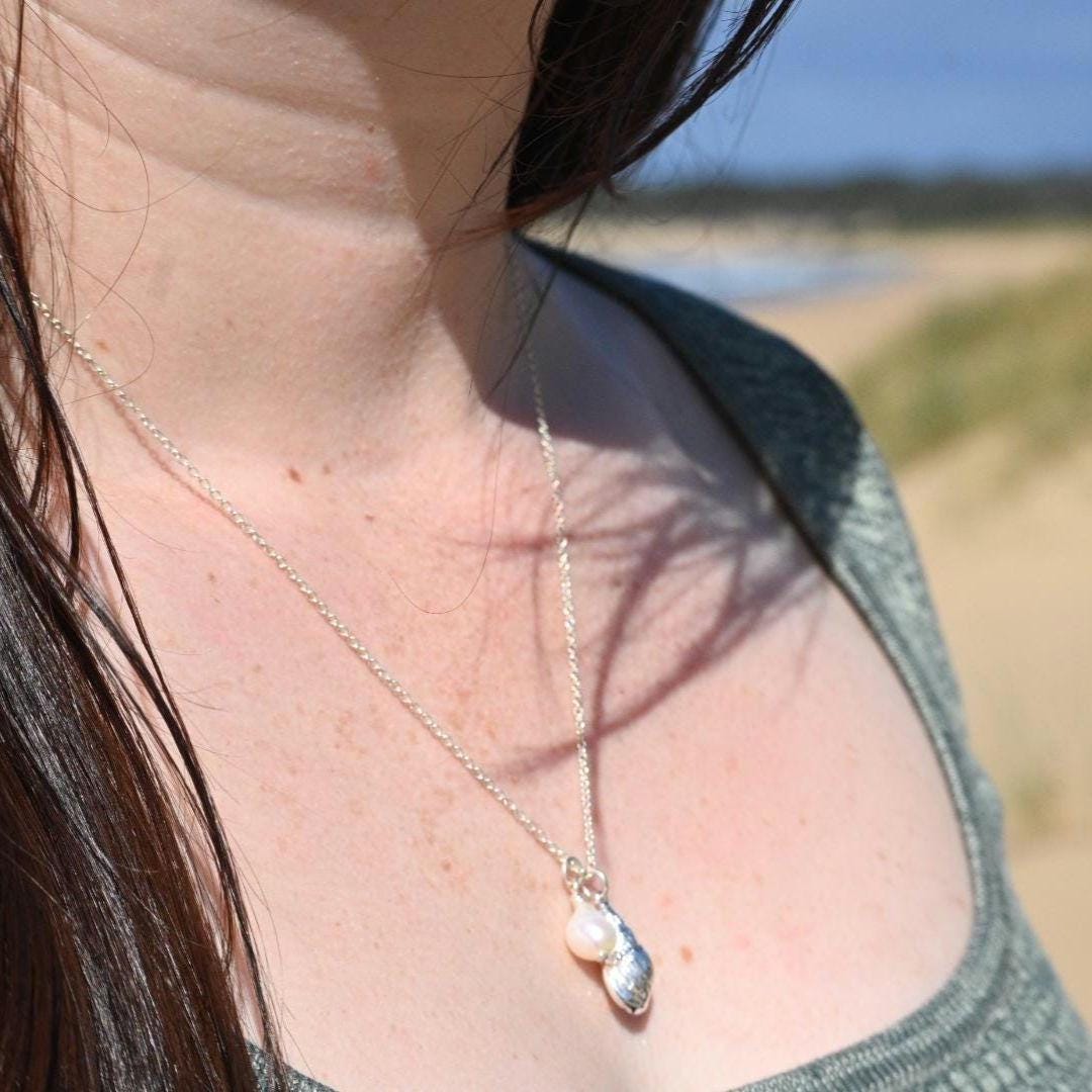 Freshwater Pearl with Seashell, Tarnish Resistant Silver-Plated Charm, Beach Wedding Jewellery