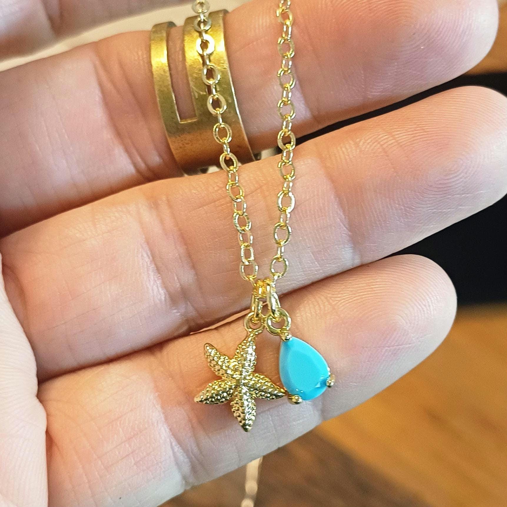 Beach Starfish Necklace with Turquoise Teardrop Charm, Gold Plated Tarnish Resistant, Ocean Inspired Gift