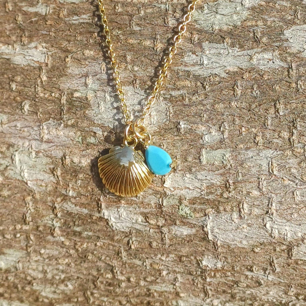 Turquoise & Shell Necklace , Gold-Plated Tarnish Resistant, Beach Jewellery