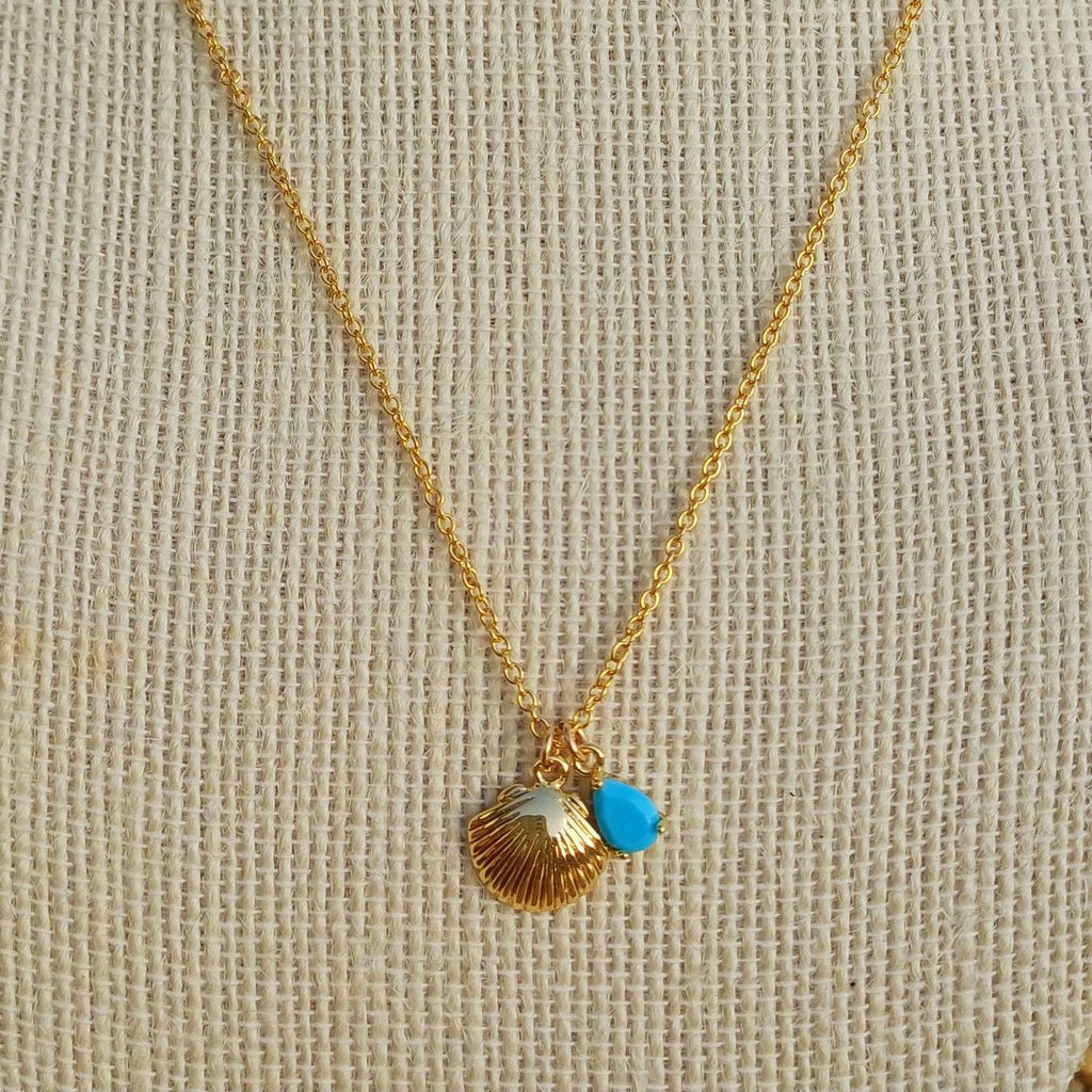 Turquoise & Shell Necklace , Gold-Plated Tarnish Resistant, Beach Jewellery