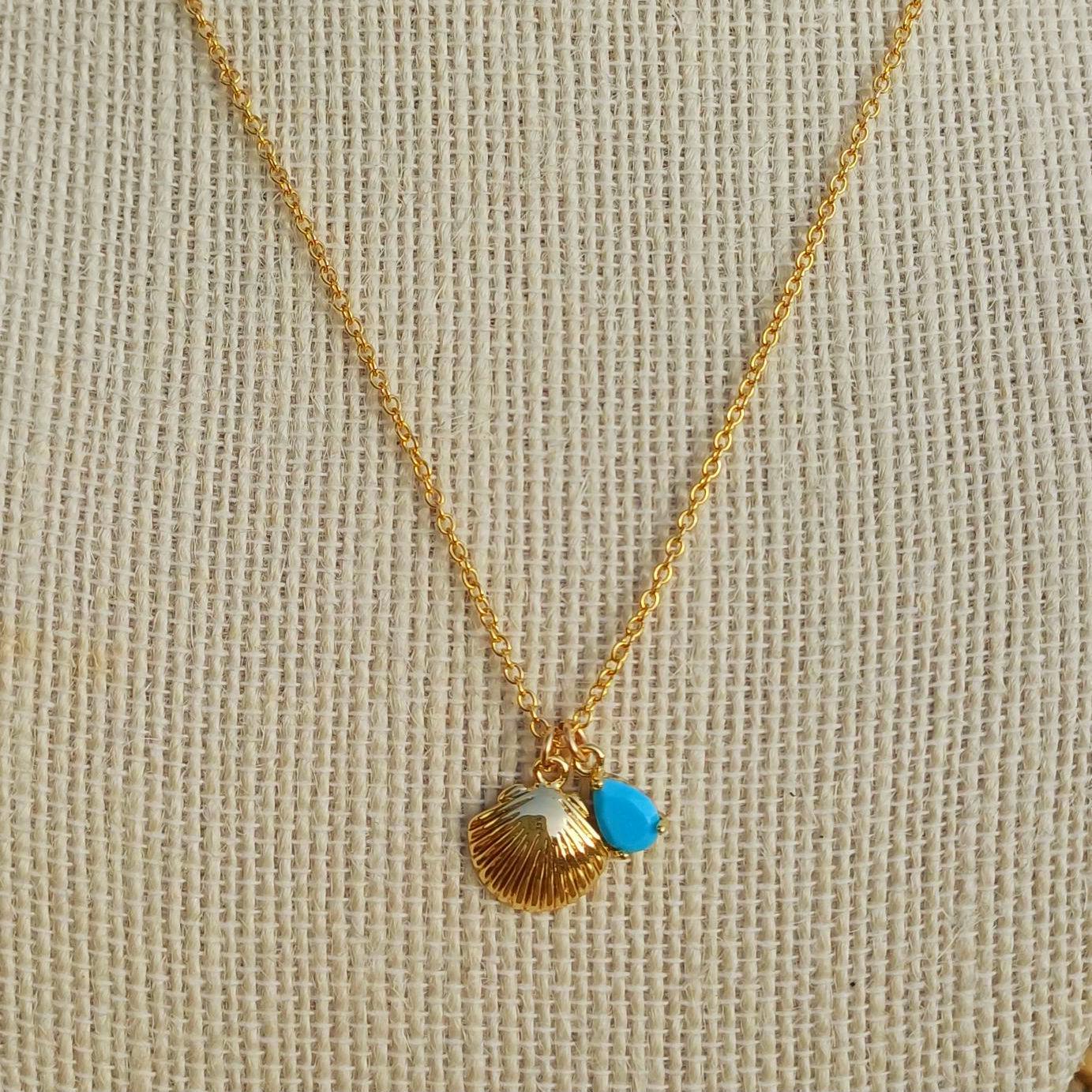Turquoise & Shell Necklace , Gold-Plated Tarnish Resistant, Beach Jewellery