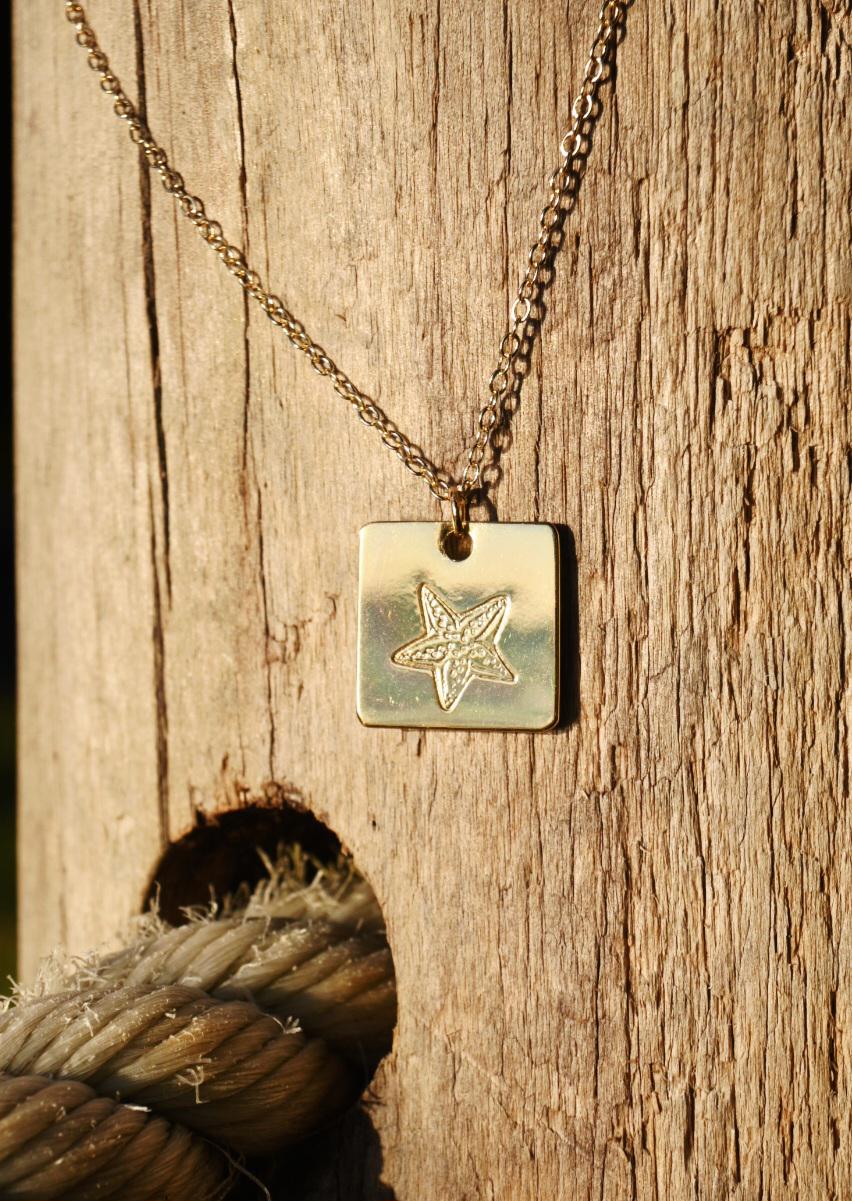 Starfish Square Pendant Necklace Hand Stamped, Gold Plated