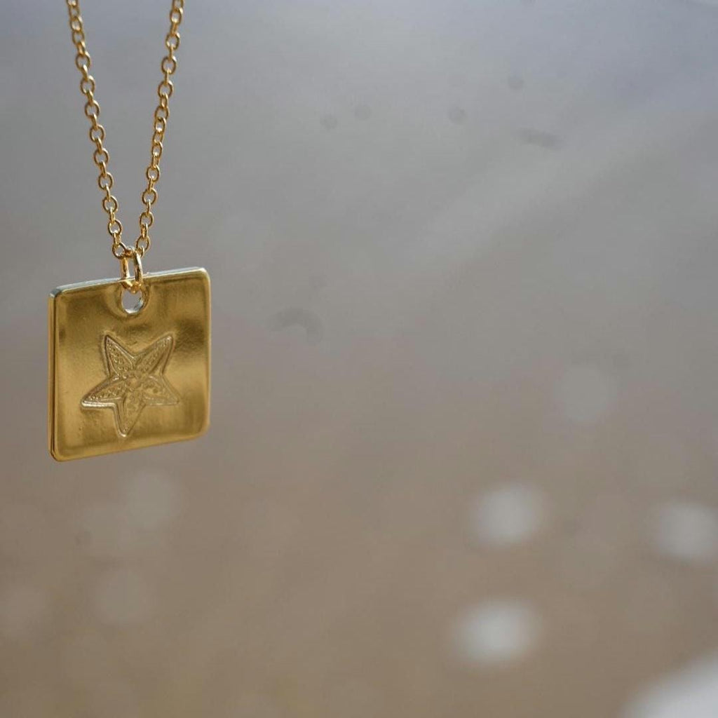 Starfish Square Pendant Necklace Hand Stamped, Gold Plated