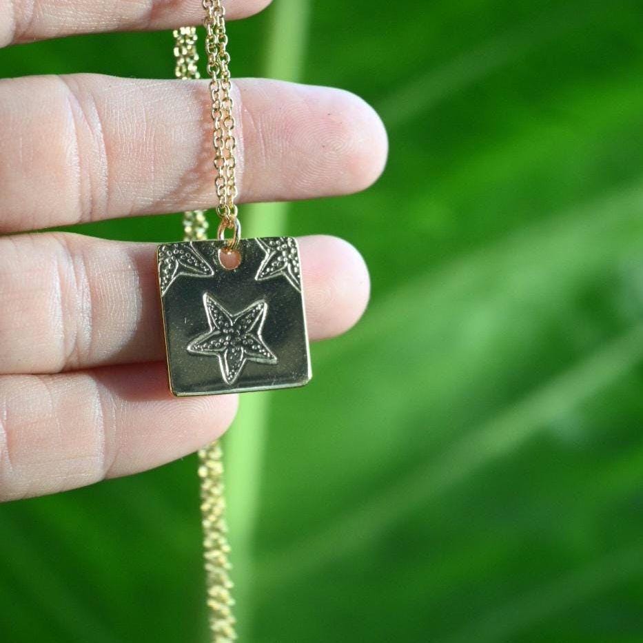 Starfish Square Pendant Necklace Hand Stamped, Gold Plated