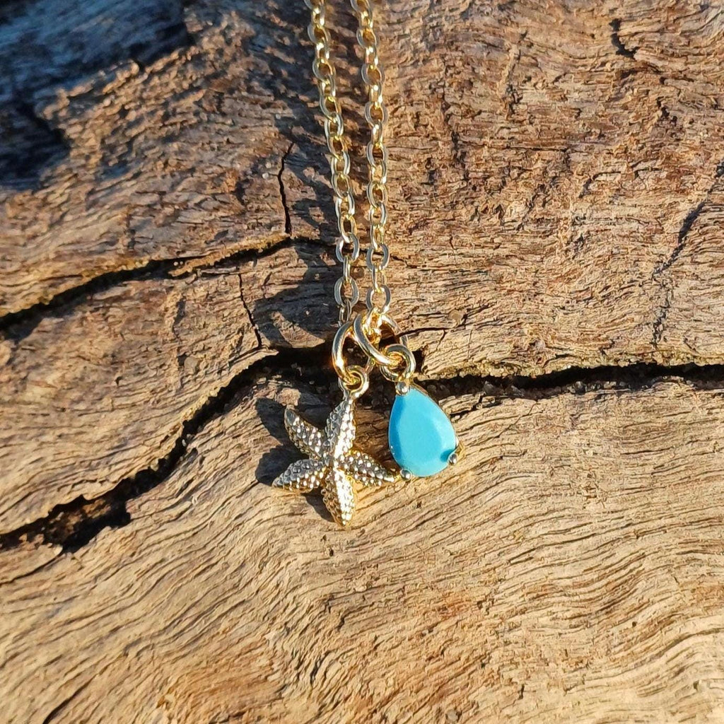 Beach Starfish Necklace with Turquoise Teardrop Charm, Gold Plated Tarnish Resistant, Ocean Inspired Gift