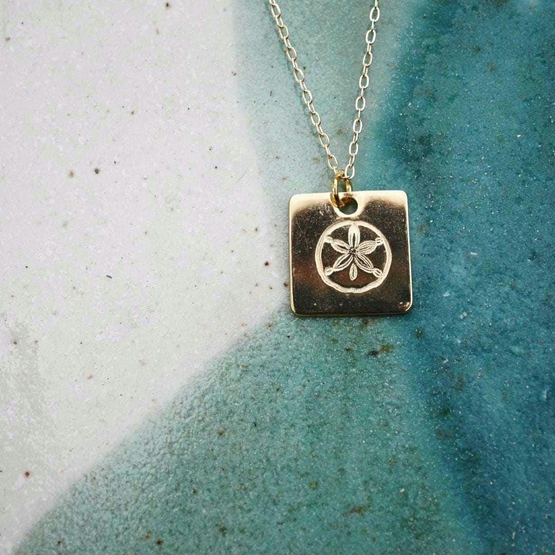 Sand Dollar Square Pendant Necklace Hand Stamped, Gold Plated