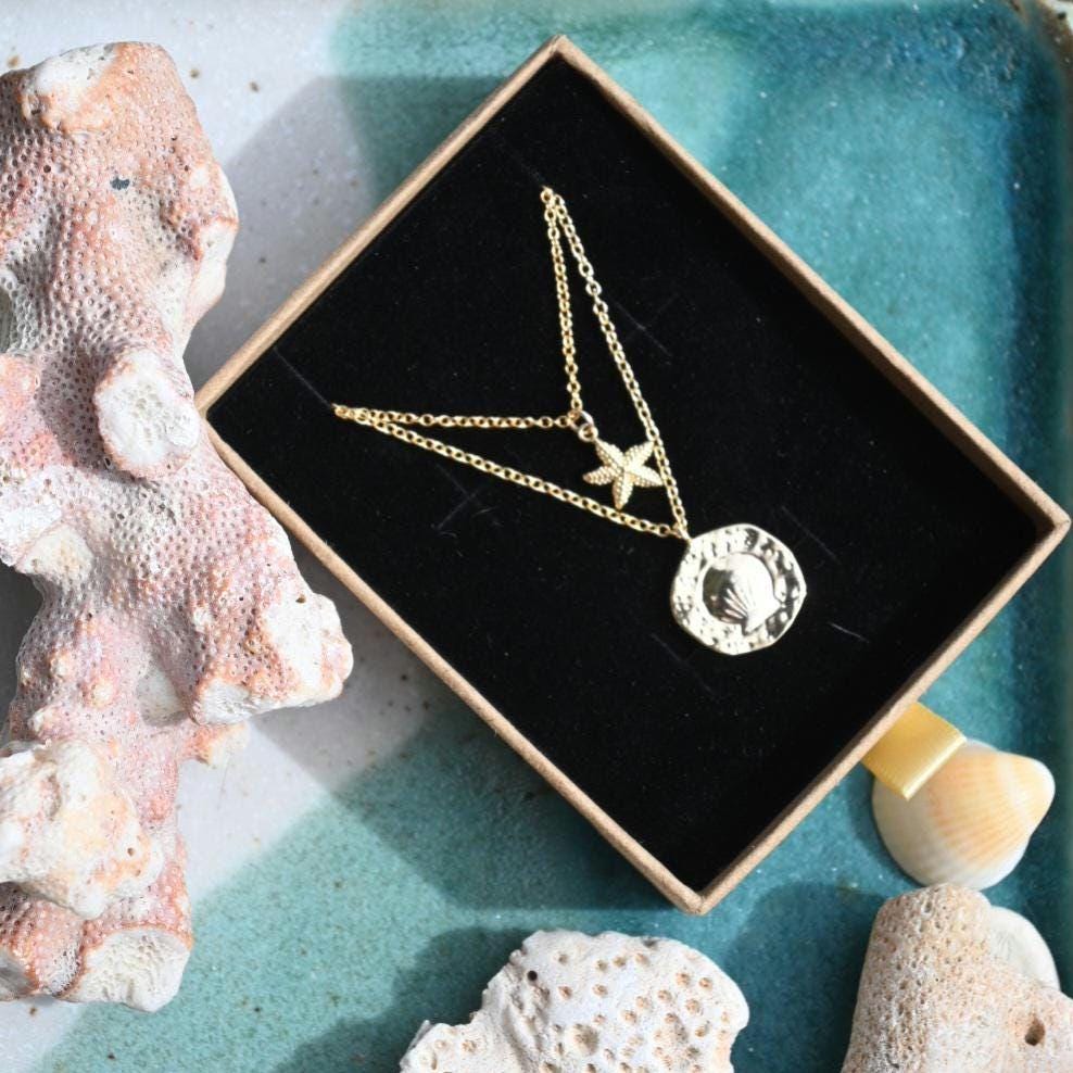 Ocean Necklace Set, Gold- Plated Seashell and Dainty Starfish, Tarnish Resistant Layered Jewellery