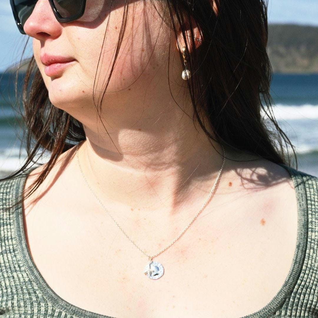 Summer Seashell Necklace with Mini Starfish Charm, Silver-Plated Tarnish Resistant, Surfer Accessory