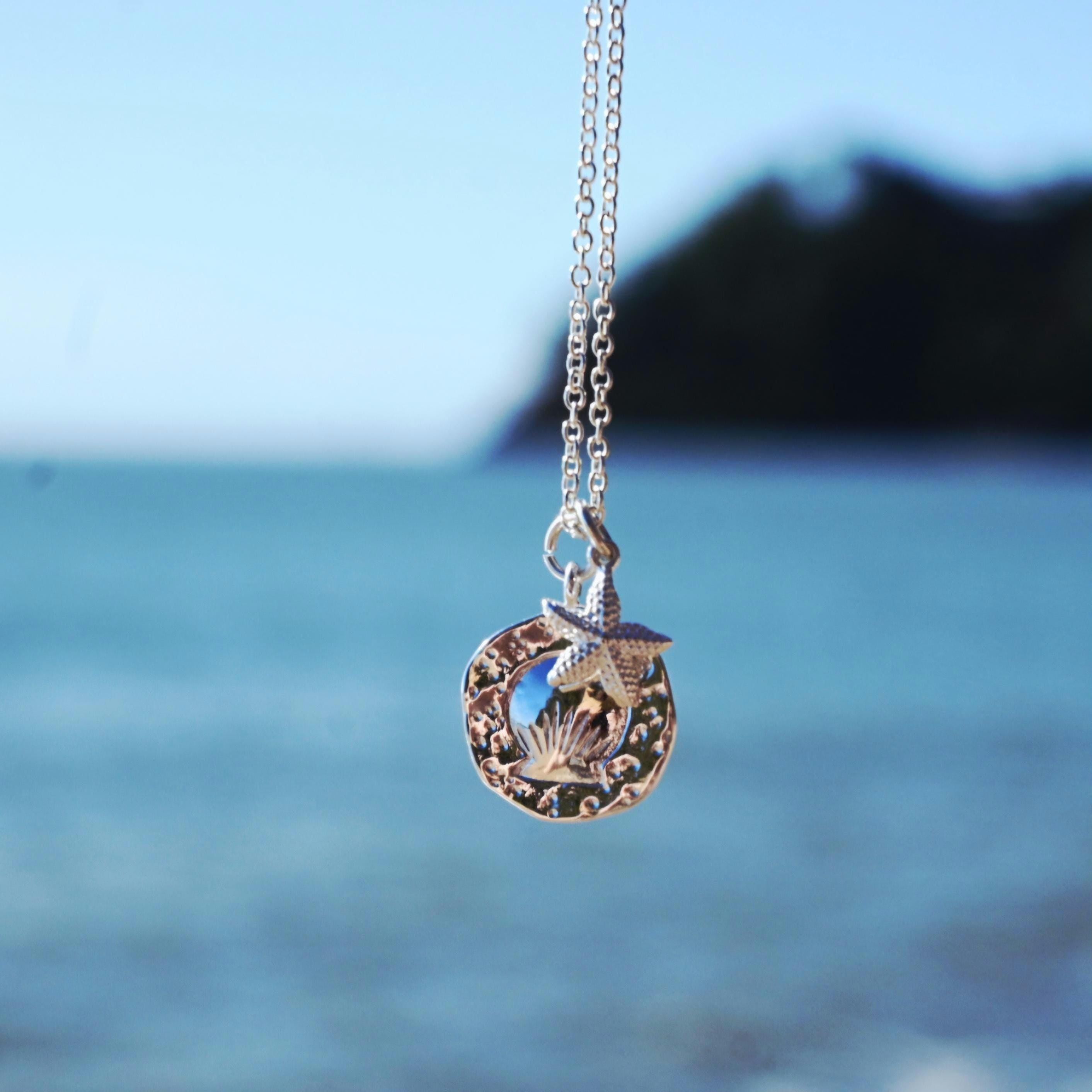 Summer Seashell Necklace with Mini Starfish Charm, Silver-Plated Tarnish Resistant, Surfer Accessory