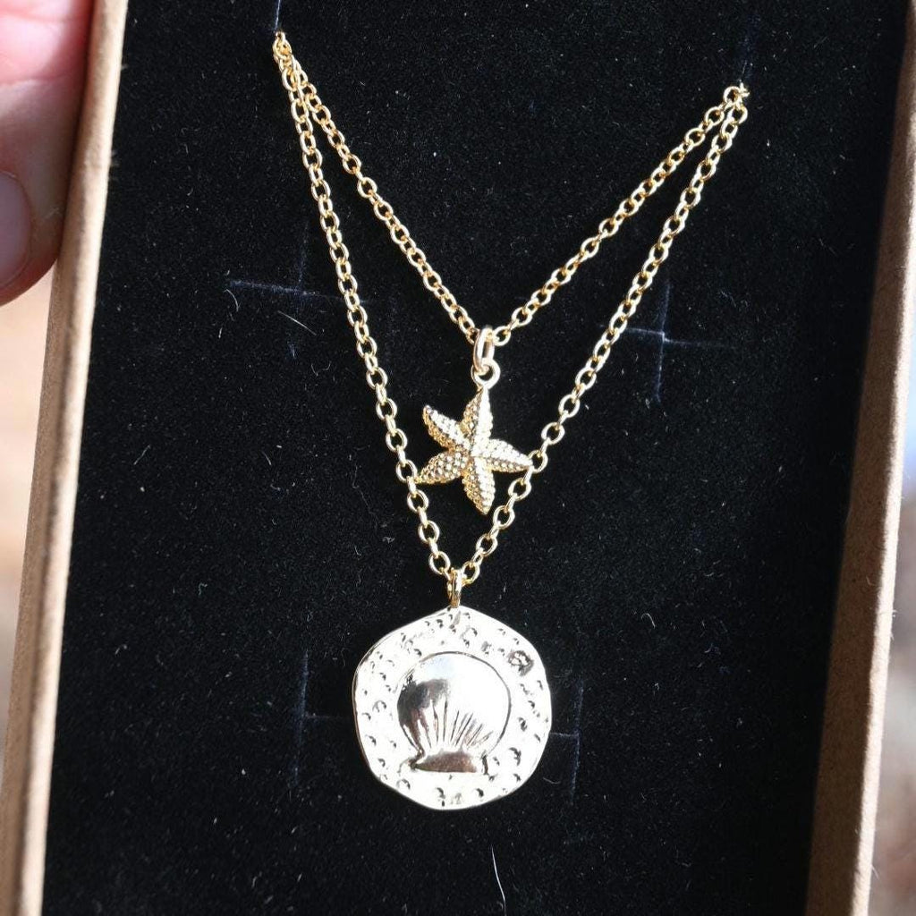 Ocean Necklace Set, Gold- Plated Seashell and Dainty Starfish, Tarnish Resistant Layered Jewellery