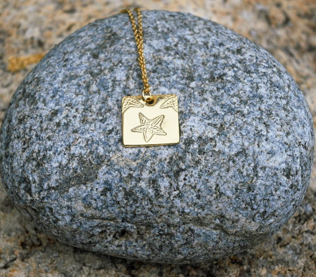 Starfish Square Pendant Necklace Hand Stamped, Gold Plated