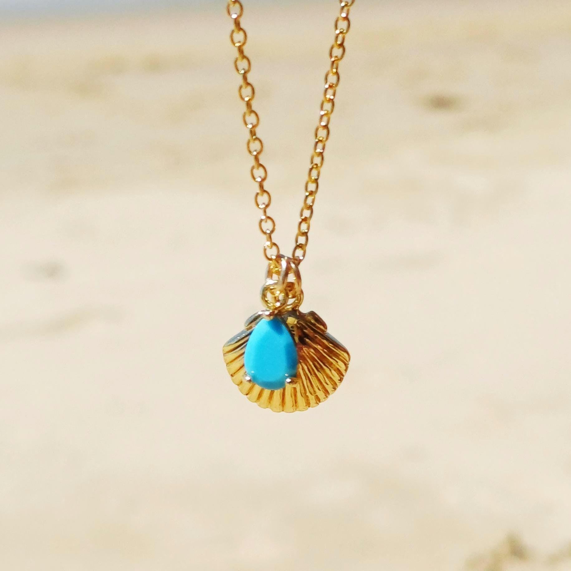 Turquoise & Shell Necklace , Gold-Plated Tarnish Resistant, Beach Jewellery