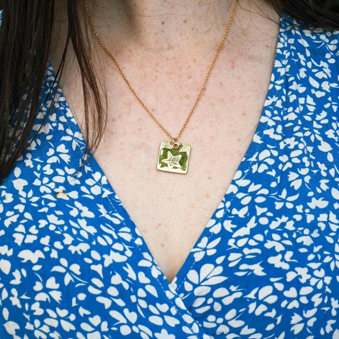 Starfish Square Pendant Necklace Hand Stamped, Gold Plated