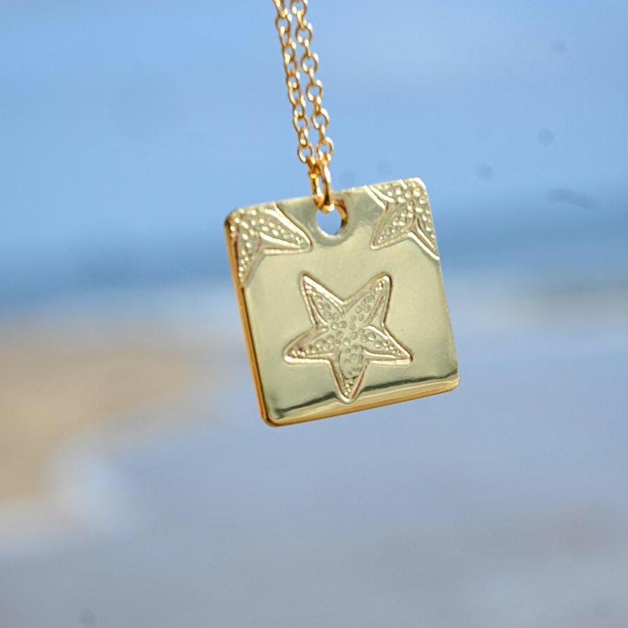 Starfish Square Pendant Necklace Hand Stamped, Gold Plated
