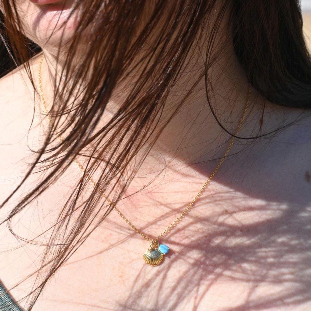 Turquoise & Shell Necklace , Gold-Plated Tarnish Resistant, Beach Jewellery