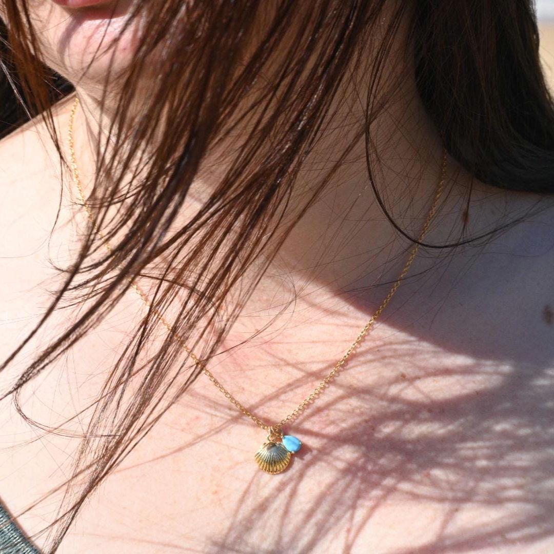 Turquoise & Shell Necklace , Gold-Plated Tarnish Resistant, Beach Jewellery
