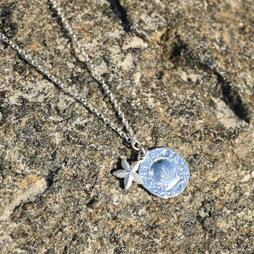 Summer Seashell Necklace with Mini Starfish Charm, Silver-Plated Tarnish Resistant, Surfer Accessory