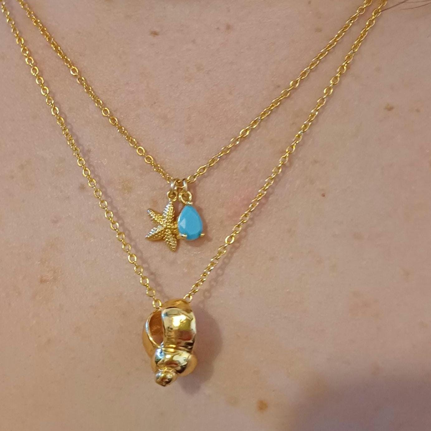 Beach Starfish Necklace with Turquoise Teardrop Charm, Gold Plated Tarnish Resistant, Ocean Inspired Gift