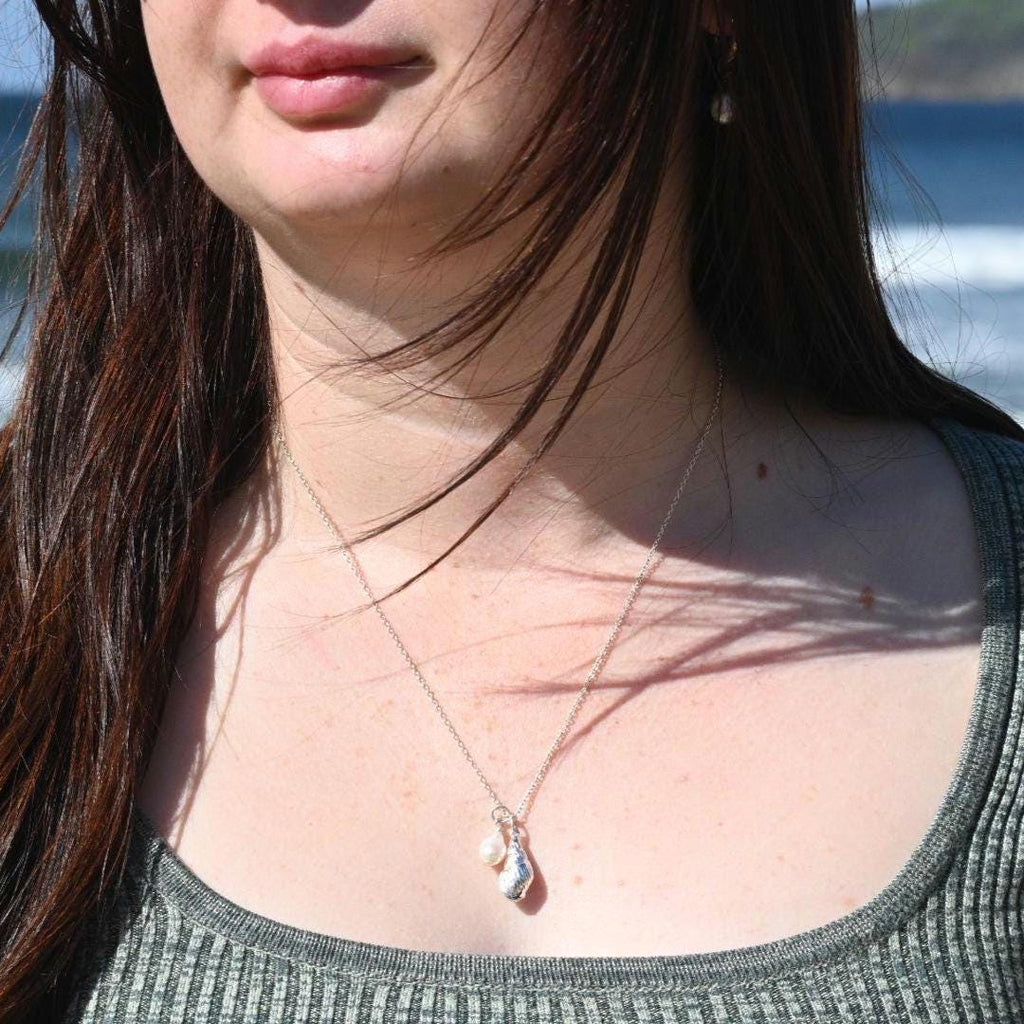 Freshwater Pearl with Seashell, Tarnish Resistant Silver-Plated Charm, Beach Wedding Jewellery