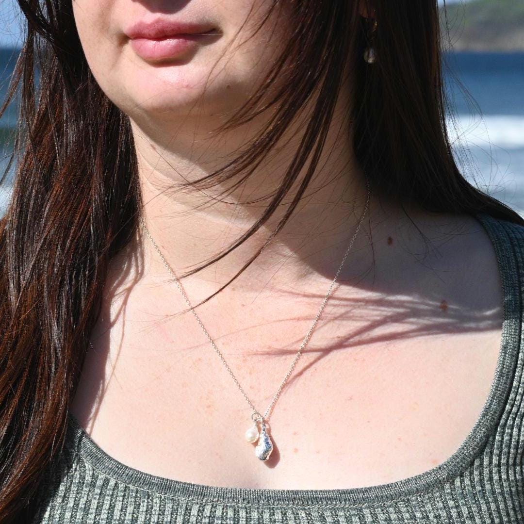 Freshwater Pearl with Seashell, Tarnish Resistant Silver-Plated Charm, Beach Wedding Jewellery