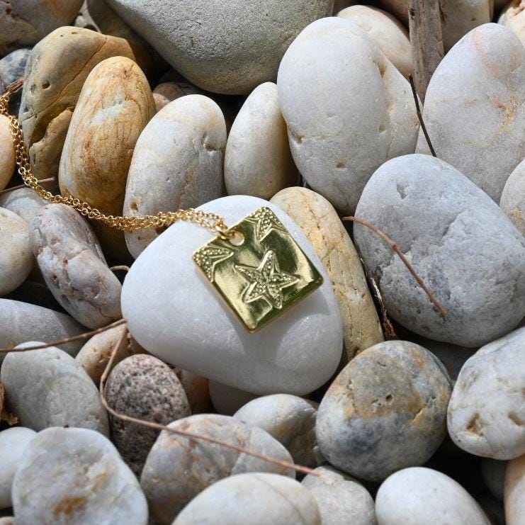 Starfish Square Pendant Necklace Hand Stamped, Gold Plated