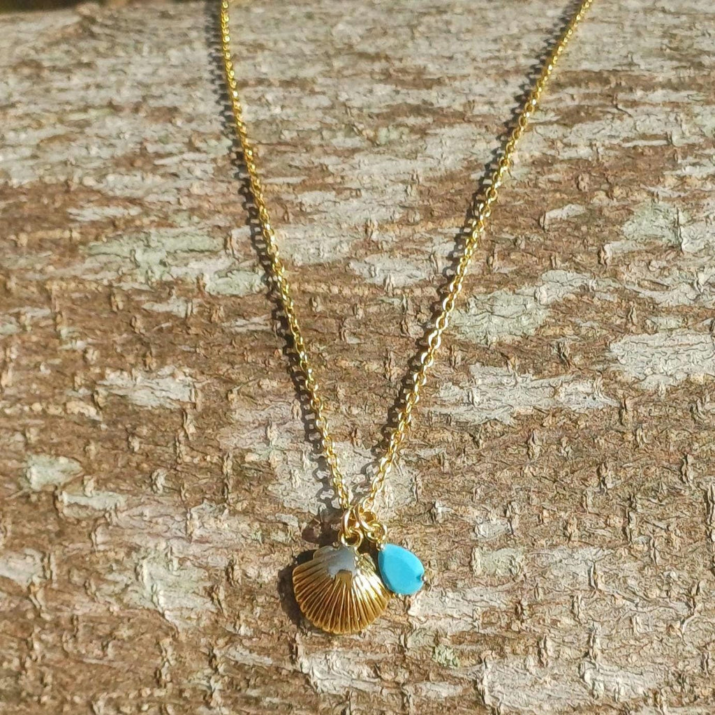 Turquoise & Shell Necklace , Gold-Plated Tarnish Resistant, Beach Jewellery